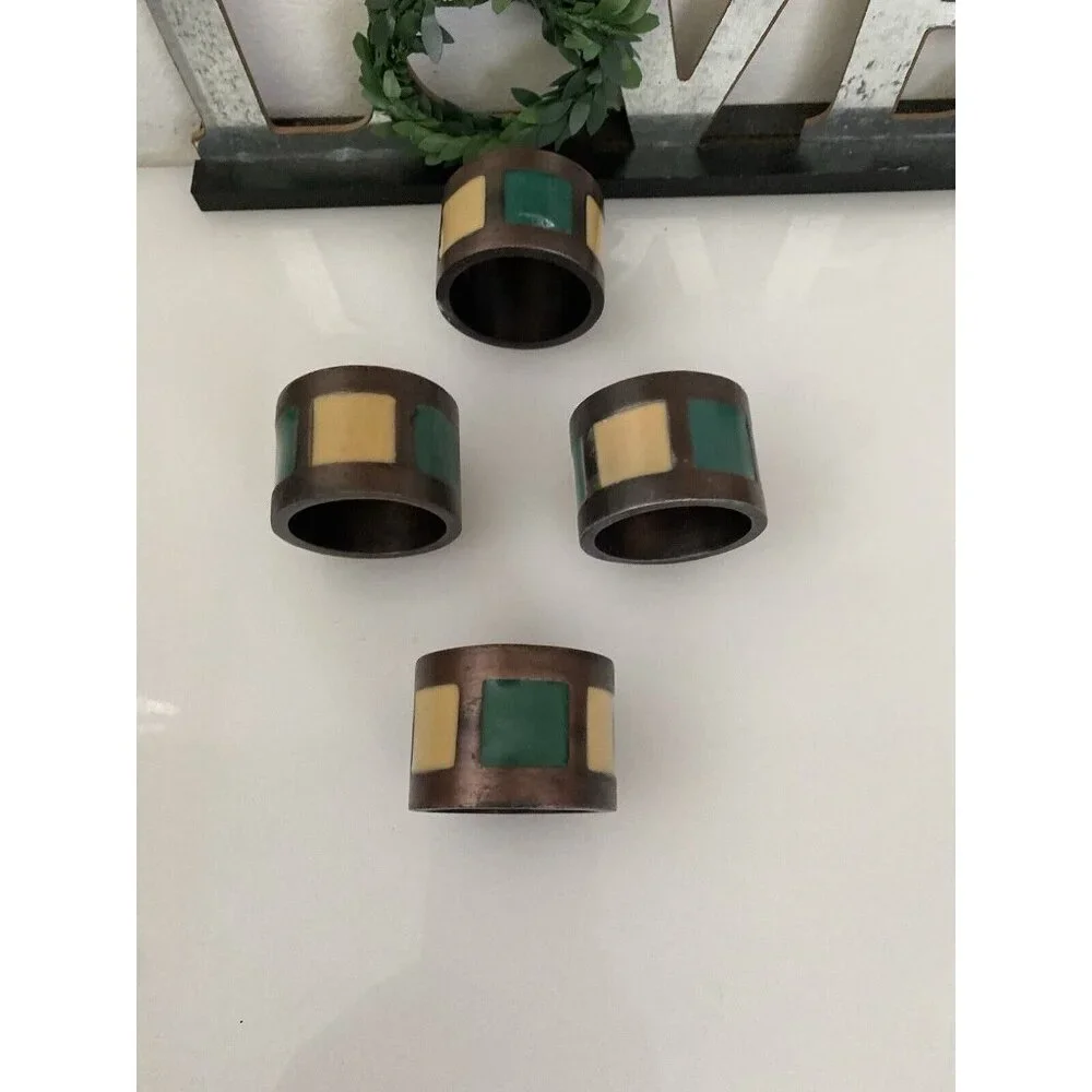 Vintage 1980s Pier 1 Napkin Rings Bronze Green Yellow Inlay Set of 4‎ Retro EUC